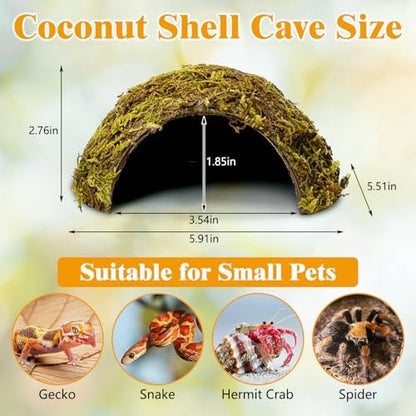 PINVNBY 2 Pack Natural Green Moss Hide Caves Coconut Reptile Hideouts Hamster Climbing Toys Gecko Habitat Decor Lizard Shell Shelter for Snake Tarantulas Turtle Chameleon