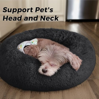 Calming Round Dog Bed & Cat Bed with Anti-Slip Bottom, Medium Size Washable Anti-Anxiety Donut Dog Beds for Small Dogs & Cats, Fluffy Plush Soft Dog Bed(24 Inch, Black)