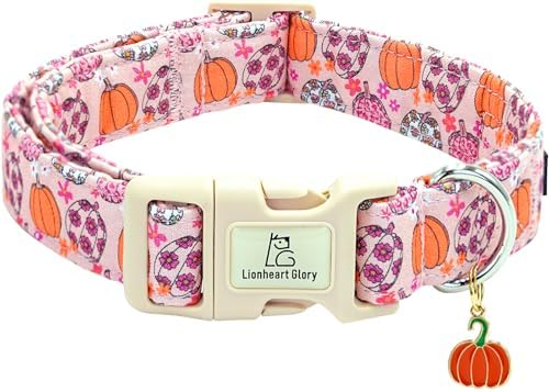 Lionheart glory Halloween Dog Collar-Pumpkin Floral Fall Pink Dog Collars with Cute Ghost Pendant Soft Adjustable Collar for Large Dogs Female Male Collars Party Pet Gift