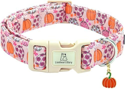 Lionheart glory Halloween Dog Collar-Pumpkin Floral Fall Pink Dog Collars with Cute Ghost Pendant Soft Adjustable Collar for Large Dogs Female Male Collars Party Pet Gift