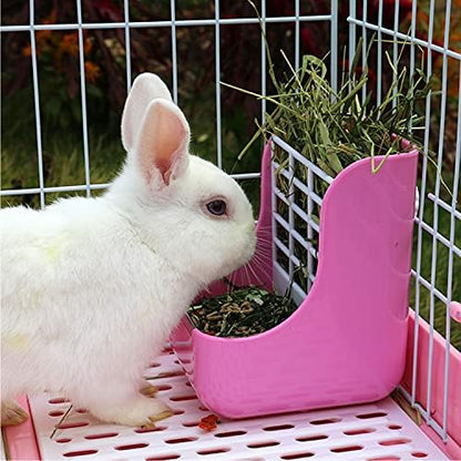 HERCOCCI Rabbit Hay Food Bin Feeder and Bunny Water Bottle Set, Hay Food Feeder Bowls Manger Rack with 500ml Hanging Water Dispenser Prevent Knock Over for Rabbit Guinea Pig Chinchilla (Large, Pink)
