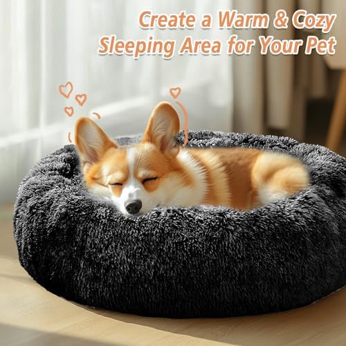 JOLLYVOGUE Calming Small Dog & Cat Bed for Indoor Cats - 20 inches Washable Donut Bed for Kittens & Puppies, Anti-Anxiety Round Fluffy Plush Pet Beds (Fits up to 15 lbs, Black)