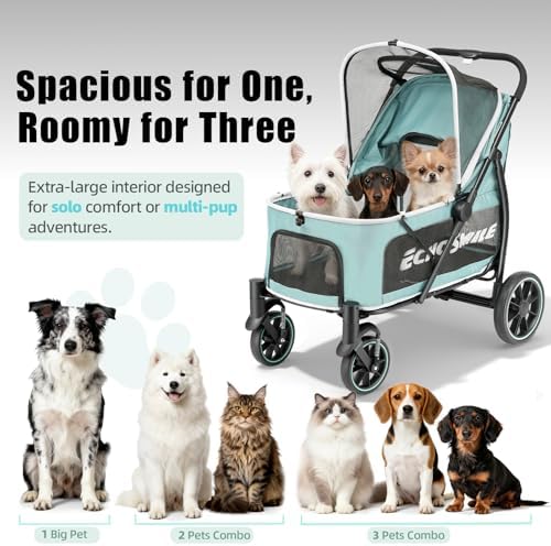EchoSmile Dog Stroller for Large Dogs, 135lbs Weight Extra Large Pet Stroller, 4 Wheels Cats & Dogs Carrier with Brakes, Breathable Mesh Windows & Pocket, Green