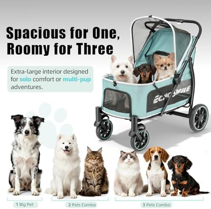EchoSmile Dog Stroller for Large Dogs, 135lbs Weight Extra Large Pet Stroller, 4 Wheels Cats & Dogs Carrier with Brakes, Breathable Mesh Windows & Pocket, Green