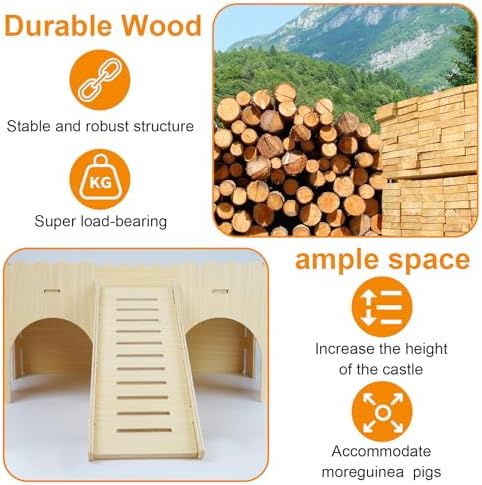 Large Guinea Pig Hideout, Upgraded Wooden Guinea Pig Castle with Guinea Pig ramp, Easy to Assemble Guinea Pig House for Small Animal House Habitat or Hamster Hideout/Rabbit Hideout