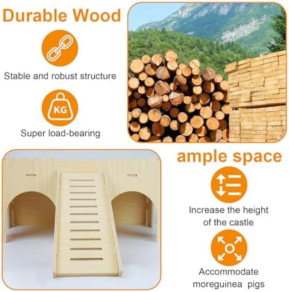 Large Guinea Pig Hideout, Upgraded Wooden Guinea Pig Castle with Guinea Pig ramp, Easy to Assemble Guinea Pig House for Small Animal House Habitat or Hamster Hideout/Rabbit Hideout