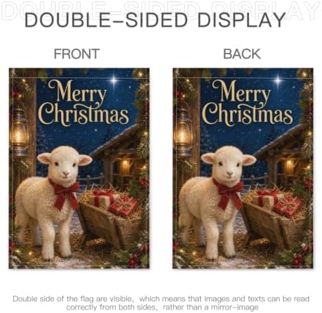 Christmas Lamb House Flag 28x40 Inch Merry Holiday Sheep Bow Wheelbarrow Gifts Stable Lantern Snowy Rustic Farmhouse Outdoor Yard Lawn Porch Double Sided Banner Welcome Decor