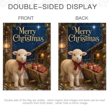 Christmas Lamb House Flag 28x40 Inch Merry Holiday Sheep Bow Wheelbarrow Gifts Stable Lantern Snowy Rustic Farmhouse Outdoor Yard Lawn Porch Double Sided Banner Welcome Decor