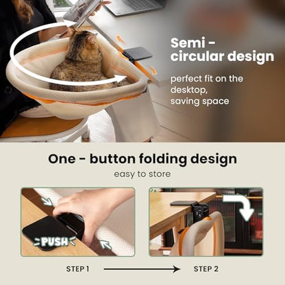 JUNSPOW Cat Desk Bed One-Click Folding, Maximum Holds 40lb, Cream Mesh