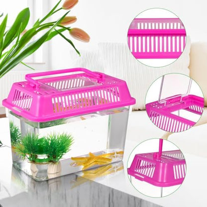 HANABASS Portable Fish Tank Handheld Aquarium with Handle Transparent Plastic Mini Fish Box for Turtle Hamster Pet Breeding Case 5.90 X 4.33 X 3.74 in Set of 4