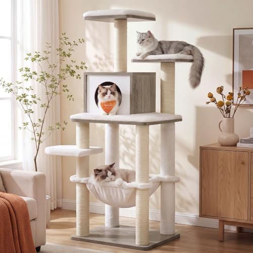Feandrea Cat Tree, 56.3-Inch Contemporary Cat Tower, Multi-Level Condo