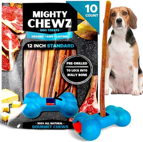 12" Standard Bully Sticks (10 Pack) with Bully Stick Safety Device - No Choking/All Natural Pizzle Sticks and Bully Stick Holder