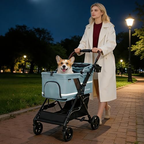 Dog Stroller with No-Zip Buckle Canopy, fits 2 Small Cats or 1 Medium pet,44 lbs Capacity One-Hand Fold,Lockable Front Wheels, Rear Brake
