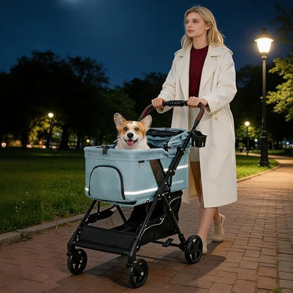 Dog Stroller with No-Zip Buckle Canopy, fits 2 Small Cats or 1 Medium pet,44 lbs Capacity One-Hand Fold,Lockable Front Wheels, Rear Brake