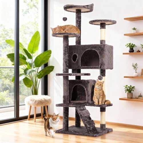 BestOffice 54 Inch Cat Tree, Multi-Level Cat Tower with Condo, Perches, Sisal Scratching Posts, Climbing Ladder,Indoor Activity Center Play House for Kittens & Adult Cats, Purple