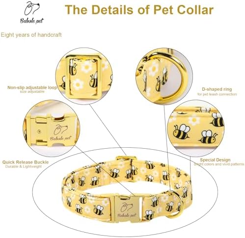 Yellow Bee Dog Collar, Cute Spring/Summer Cartoon Boy Girl Dog Collars, Adjustable Heavy Duty Male Female Dogs Collar for Small Medium Large Dogs with Metal Buckle XL