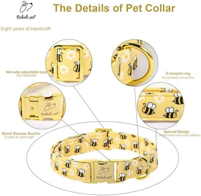 Yellow Bee Dog Collar, Cute Spring/Summer Cartoon Boy Girl Dog Collars, Adjustable Heavy Duty Male Female Dogs Collar for Small Medium Large Dogs with Metal Buckle XL