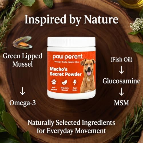 Paw Parent Macho's Secret Powder, Green Lipped Mussel Hip & Joint Powder for Dogs, Spine and Disc Powders, Cardiac Shield Formula with Glucosamine, Msm & Omega-3 for Mobility Support，2Pc