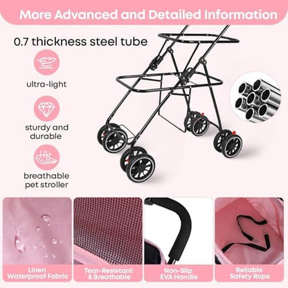 Double Pet Stroller for Dogs and Cats,Cat Strollers for 2 Cats,Pink