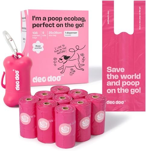 Deo Doo Dog Poop Bags with Handles & Holder, 108 Count, Rose Scented