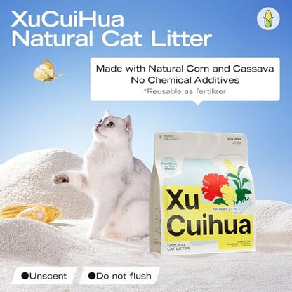 XuCuiHua Natural Cat Litter Unscented, 100% Plant-Based, Strong Clumping Litter, Easy Scooping, Clumps Lift Cleanly, Chemical-Free, Low Dust, Corn & Cassava Litter, 5.5 LB