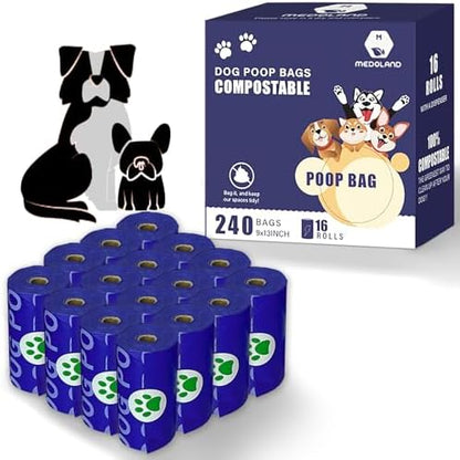 Compostable Dog Poop Bags BPI Certified Biodegradable Pet Waste Bags Leak-Proof Thickened and Opaque Eco Design (16 rolls 240 bags)