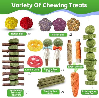 WDEFUN 21PCS Rabbit Chew Toys for Teeth Grinding, Natural Timothy Hay Cakes Treats for Bunny, Organic Apple Wood Sticks Toy Set for Guinea Pigs, Hamsters, Chinchillas,Dental Health & Boredom Relief