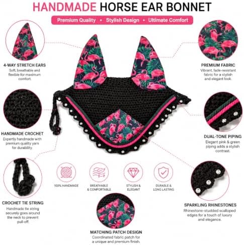 Horse Ear Bonnet for Horses, Floral Print Fly Bonnet with Crystal Edge, Handmade Crochet Fly Veil, Breathable Stretch Ears (Flamingo Print, COB)