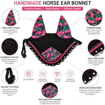 Horse Ear Bonnet for Horses, Floral Print Fly Bonnet with Crystal Edge, Handmade Crochet Fly Veil, Breathable Stretch Ears (Flamingo Print, COB)