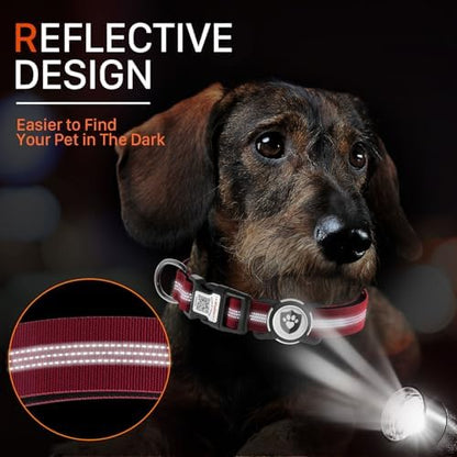 Waterproof AirTag Dog Collar with QR Code Dog Tag, Burgundy M