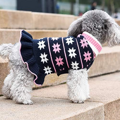 KYEESE Dog Sweater Warm Dog Clothes Fall Winter Pet Coats for Girl Puppy Sweater Dress with Leash Hole for Small Dogs Knit Turtleneck Pullover with Snow Flake Pattern, Girl Navyblue, Medium