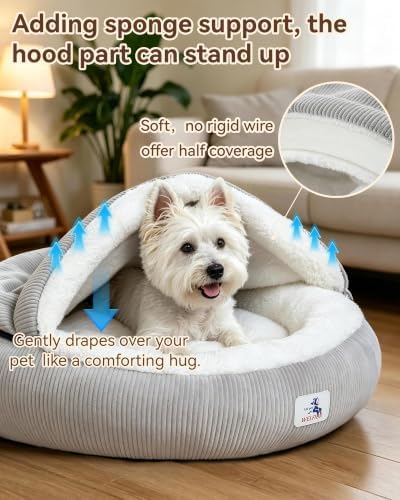 Calming Cozy Dog Cave Cover Bed, Burrow Small Doggy Anti Anxiety