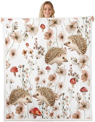 Erosebridal Kids Hedgehog Blanket Throw 50"x60",Cute Floral Mushroom Blankets and Throws for Girls Boys,Wildlife Animal Fleece Blanket Country Cottage Flower Sherpa Blanket for Bed Couch Decor