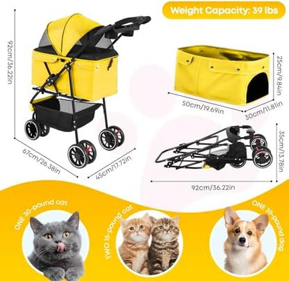 Pet Stroller,Dog Stroller for Small Medium Dogs Cats,3 Wheels,Yellow
