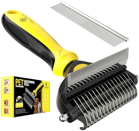 Spring Blossoms-2 in 1 Professional Grooming Rake for Cats & Dogs-Dematting Comb for Easy Mats & Tangles Removing,Pet Brush Safe No More Nasty Shedding and Flying Hair (Lemon Yellow)