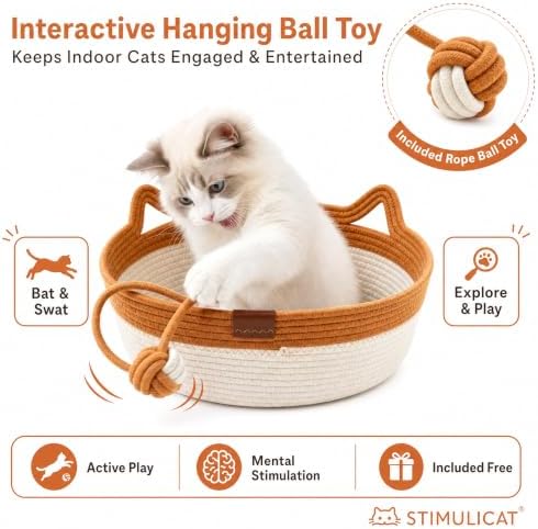 Handwoven Cat Basket Bed, Natural Cotton Rope Cat Bed with Hanging Ball Toy, Breathable Woven Cat Nest,Scratchable Basket for Sleeping, Playing and Relaxing (Green Large(15-31lbs |19" Wide))