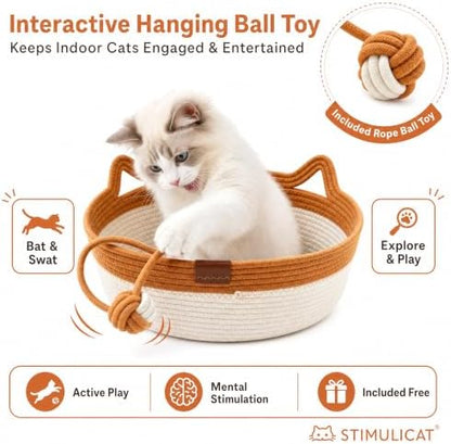 Handwoven Cat Basket Bed, Natural Cotton Rope Cat Bed with Hanging Ball Toy, Breathable Woven Cat Nest,Scratchable Basket for Sleeping, Playing and Relaxing (Green Large(15-31lbs |19" Wide))