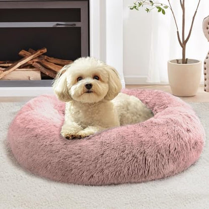 JOLLYVOGUE Calming Dog Beds Large Sized Dog, 36in Donut Washable Large Pet Bed, Anti-Slip & Anti-Anxiety Fluffy Faux Fur Round Dogs Bed, Fits up to 80 lbs Pets (Dark Pink)