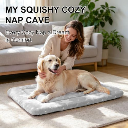 Dog Bed Mat, Reversible Dog Crate Pad with Washable Kennel Mat and Soft Foam, Pet Bed for Dogs & Cats, for Crates Carriers & Travel(Big&Small Stars Grey, 35" L*23" W*1.5" Th)