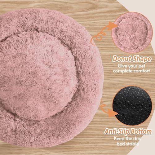 JOLLYVOGUE Calming Dog Bed Medium Size Dog, Anti-Anxiety Donut Medium Pet Bed, 27 inches Fluffy Faux Fur Round Cat Bed (Dark Pink)