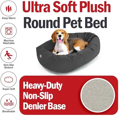 Majestic Pet 32 Inch Suede Calming Dog Bed Washable – Cozy Soft Round Dog Bed with Spine Support for Dogs to Rest Their Head - Fluffy Donut Dog Bed 32x23x7 (Inch) - Round Pet Bed Medium – Gray (2025)