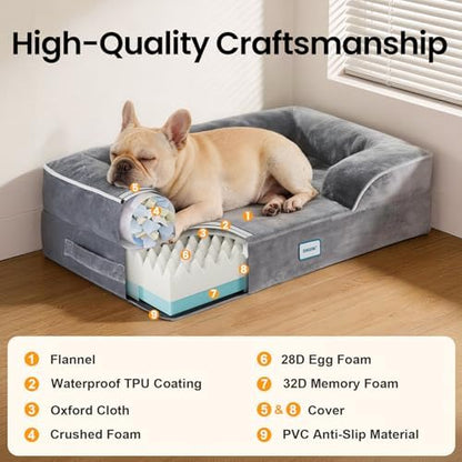 OhGeni Orthopedic Medium Dog Bed Couch Sofa, Memory Foam, 28-inch (Gray)