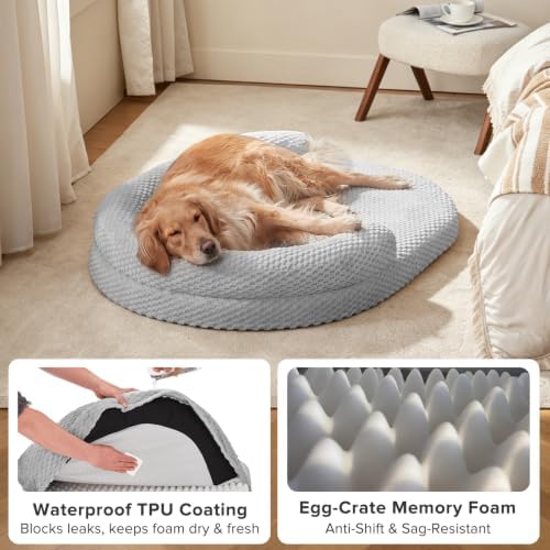 JOEJOY XL Orthopedic Dog Beds Large Sized Dog, Extra Large Washable Waterproof Oval Large Dog Bed with Removable Cover, Egg-Crate Foam Pet Bed with Bolster & Non-Skid Bottom, Light Grey, 42''x31''