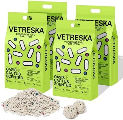 VETRESKA Tofu Cat Litter, Odor Control, Cactus 5.5lb×4bags
