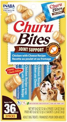 INABA Churu Bites Joint Support for Dog, Functional Lickable Dog Treat with Taurine & Green Tea Extract, 1.26oz Each, 18 Tubes Total, Chicken with Cheese Recipe