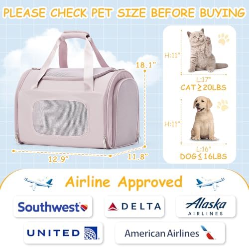 Cat Carrier Soft, Pet Dog Carrier Soft-Sided Airline Approved,Pink