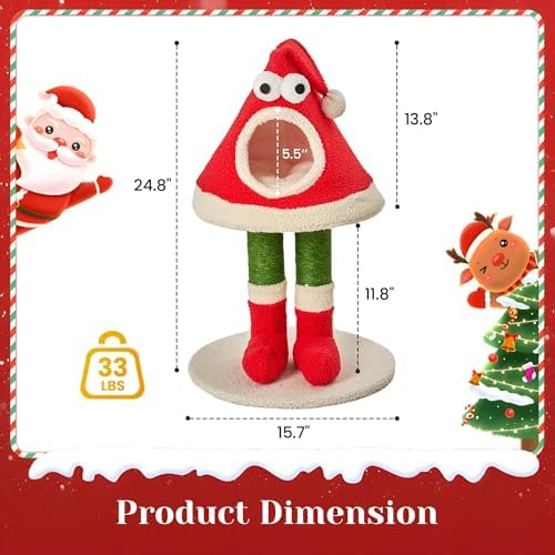32" Cat Tree Tower –Santa Hat Design with Scratching Posts & Cozy Bed, Suitable for Small to Large Cats, Red