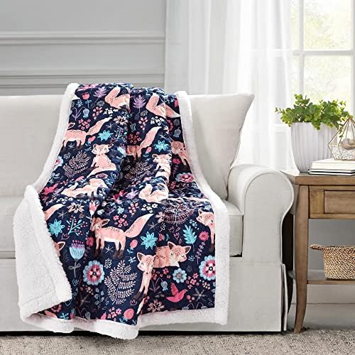Lush Decor Pixie Fox Sherpa Throw Blanket 50”W x 60" L Navy & Pink - Sherpa Blankets - Toddler Blanket for Bed - Pink Girls Room Decor - Floral Throw