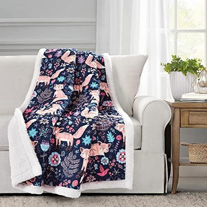 Lush Decor Pixie Fox Sherpa Throw Blanket 50”W x 60" L Navy & Pink - Sherpa Blankets - Toddler Blanket for Bed - Pink Girls Room Decor - Floral Throw