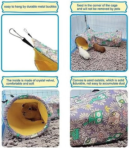 Guinea Pig Rat Tunnel Ferret Hammock, Small Animal Corner Tunnel & Tubes & Bed for Hedgehog Piggy Chinchilla Hideout Toys and Cage Accessories (3.Hammock&Tunnel, Owl)